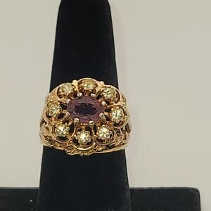 Vintage ESPO 14k GE Amethyst Glass Clear Crystal Cluster Cocktail Ring